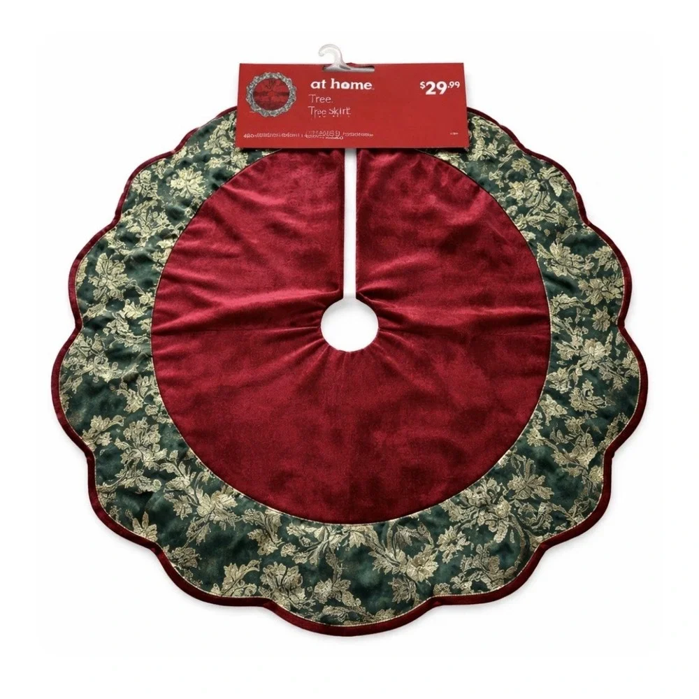 At Home Christmas Tree Skirt 48 inch Red Plush Green Gold Trim Scalloped Classic
